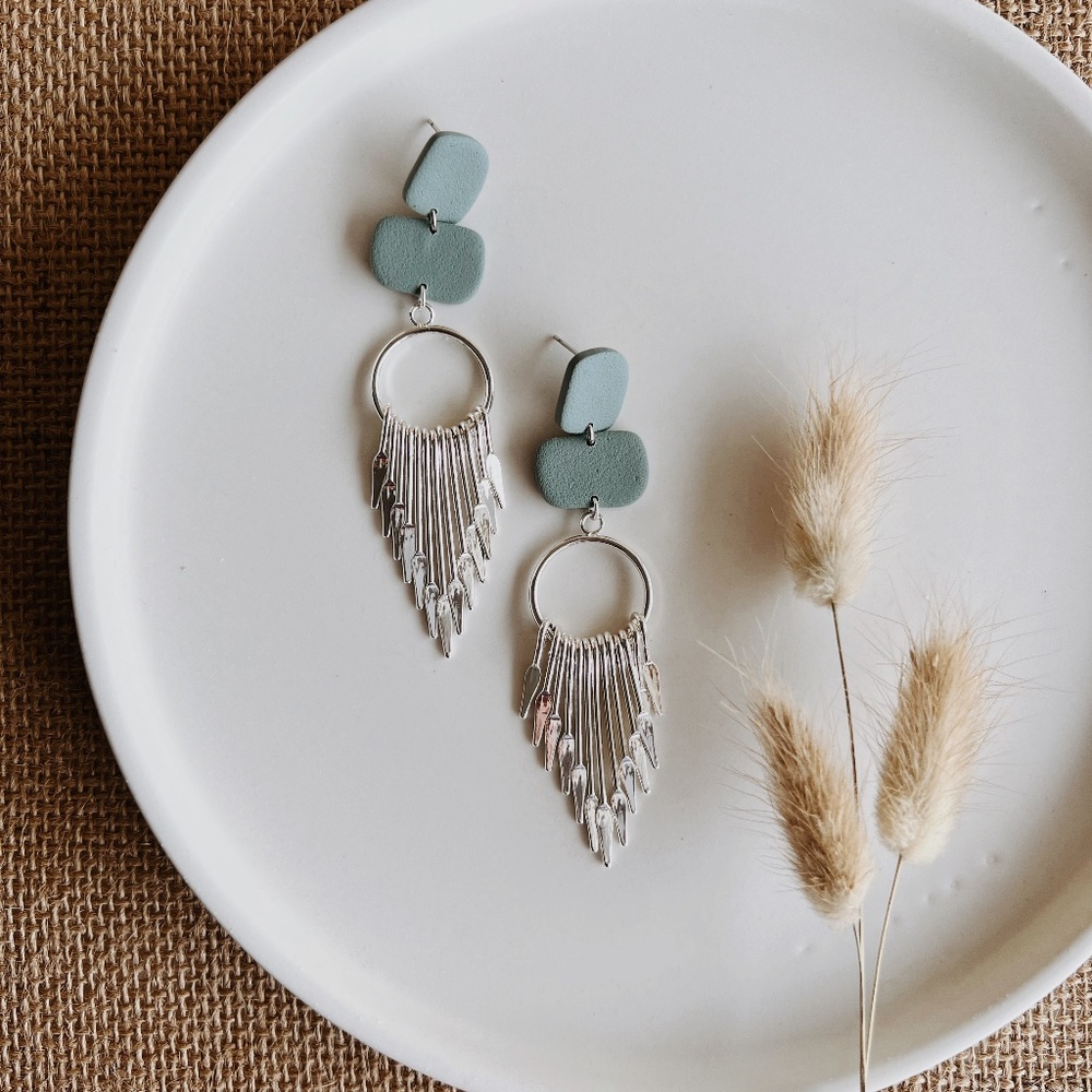 Teal and Silver Clay Earrings